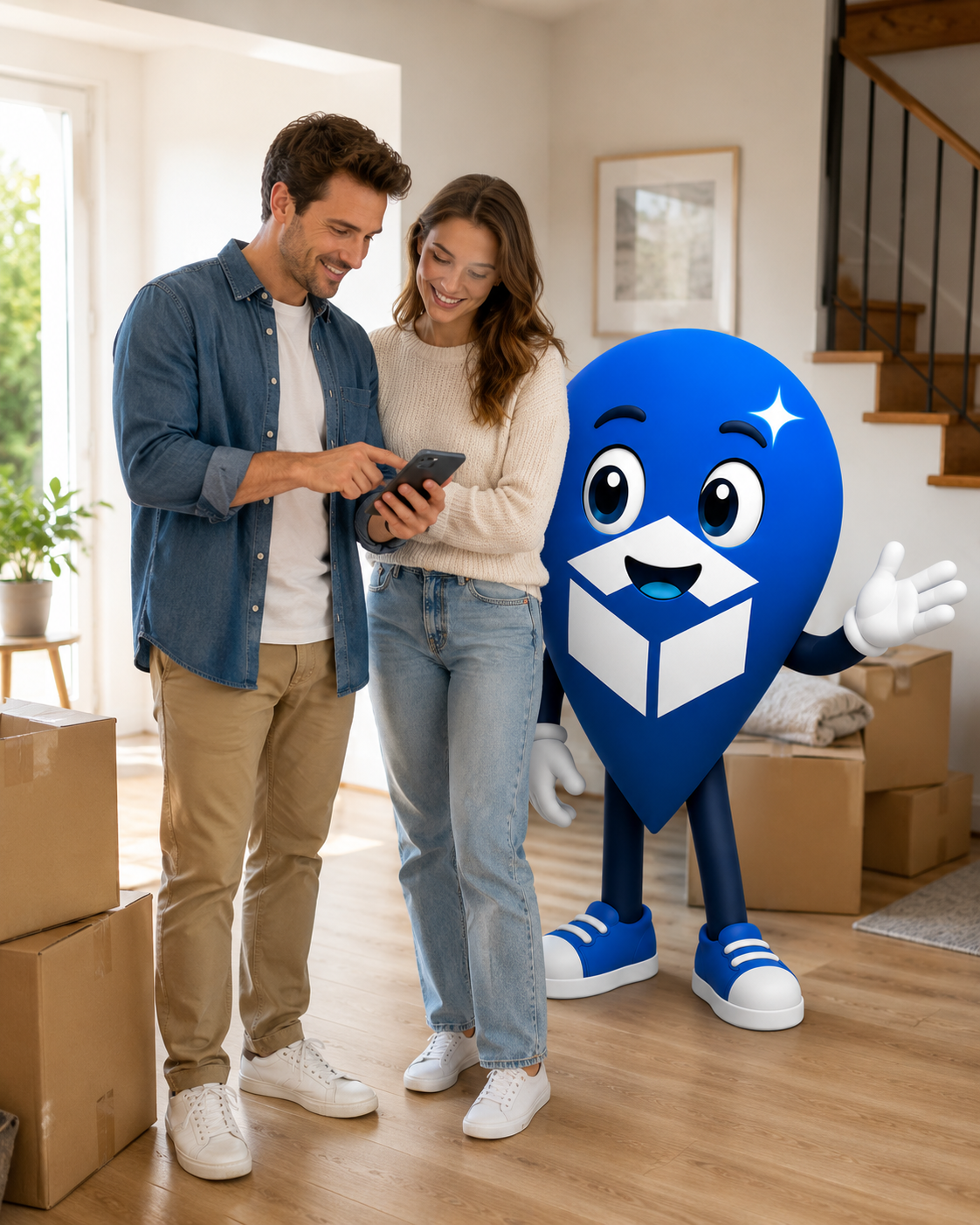 Happy couple checking the Movers Near Me AI app with the friendly blue pin mascot on moving day