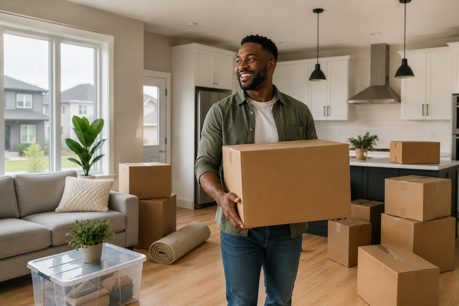 Man carrying a moving box into his new kitchen